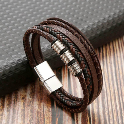 Stainless Steel Men's Leather Magnetic Buckle Woven Bracelet - Here2Save