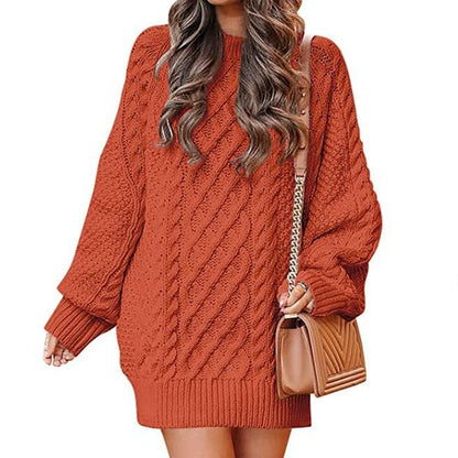 Women's Round Neck Long Sleeve Twisted Knitted Mid-length Dress Sweater