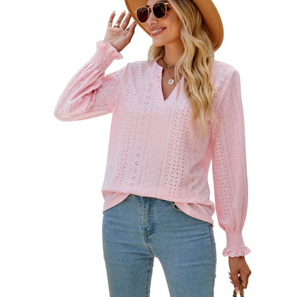 Solid Color Hollow-out Pleated Ruffle Shirts Sleeve V-neck Loose Long Sleeve Tops Women - Here2Save