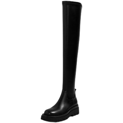 Botas hasta la rodilla de suela gruesa para mujer, botas largas negras de tacón grueso, botas de caballero de cuero, zapatos de invierno de moda