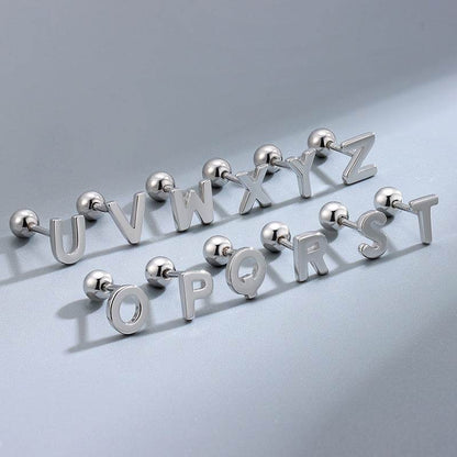 S925 Sterling Silver Glossy 26 Letters Screw Pin Ear Studs - Here2Save