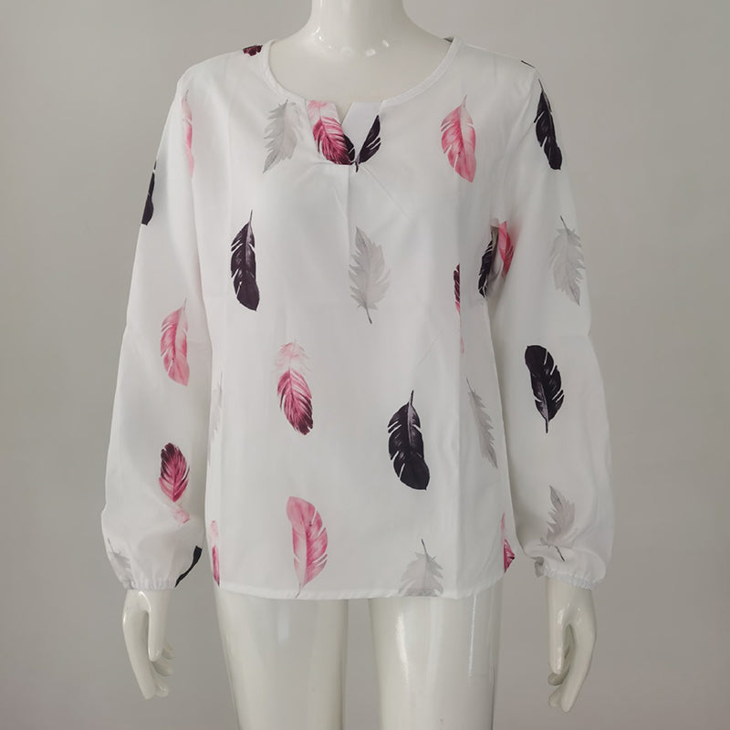 Polo con estampado de plumas Camisa de manga larga tipo farol Cuello vuelto Tops con botonadura Ropa