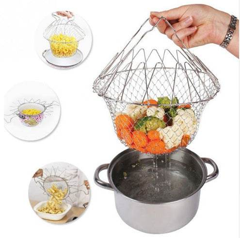 Stainless Steel Telescopic Folding Basket Frying Basket French Fries Degreasing Kitchen Tool - Here2Save