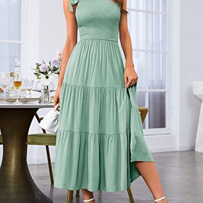 New Summer Fashion Women's One-shoulder Pleated Layered Hem Split Dress - Here2Save