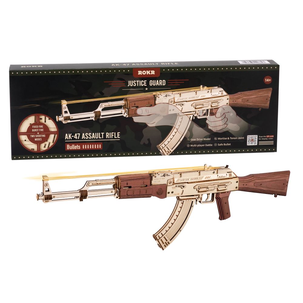 Robotime Rokr Automatic Rifle AK-47 3D Wooden Assembly Gun Double Firing Modes Funny DIY Toys For Kids Adults Justice Guar LQ901 - Here2Save