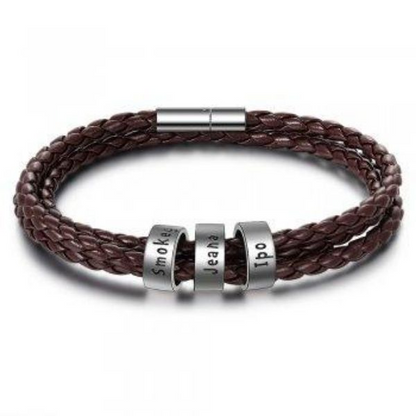 Personalized Mens Braided Genuine Leather Bracelet Stainless Steel Custom Beads Name Charm Bracelet For Men With Family Names - Here2Save