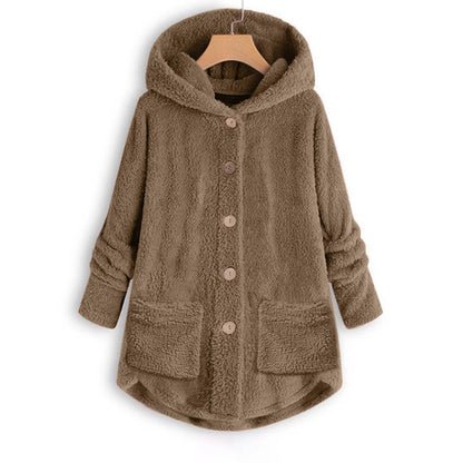 Buttoned Irregular Hooded Plush Top