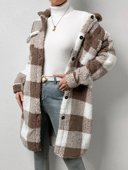 Button Lapel Plush Plaid Coat Loose