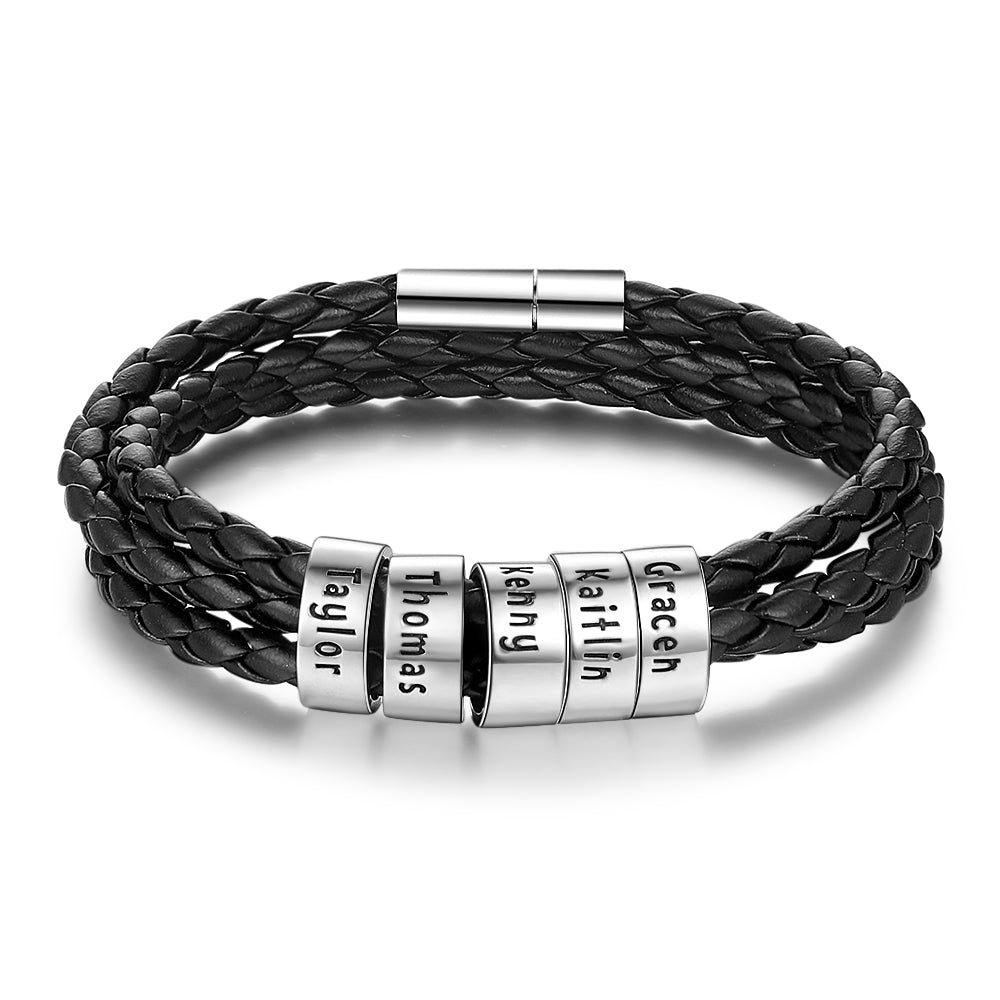 Personalized Mens Braided Genuine Leather Bracelet Stainless Steel Custom Beads Name Charm Bracelet For Men With Family Names - Here2Save