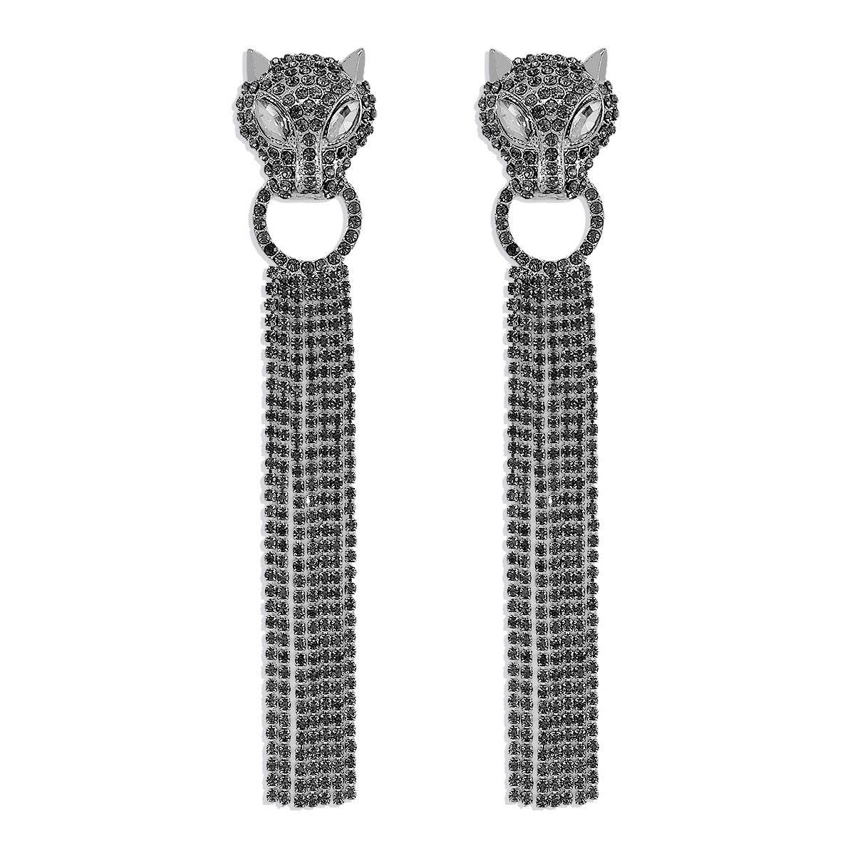 Personalized Leopard Head Earrings With Tassel Rhinestones Trendy Fashion Jewelry Luxury Long Earrings For Women - Here2Save