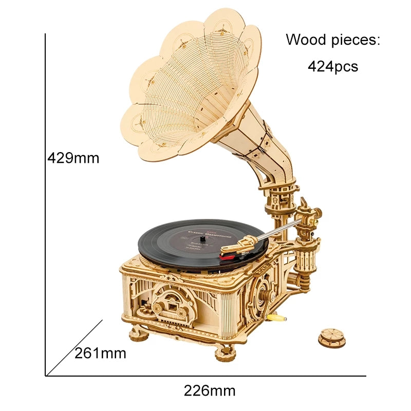 Robotime ROKR DIY manivela de mano gramófono clásico rompecabezas de madera modelo Kits de construcción montaje juguete para regalo para niños LKB01