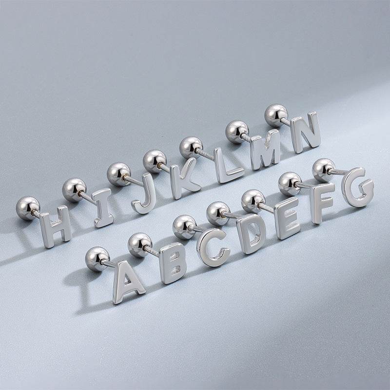 S925 Sterling Silver Glossy 26 Letters Screw Pin Ear Studs - Here2Save