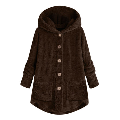 Buttoned Irregular Hooded Plush Top