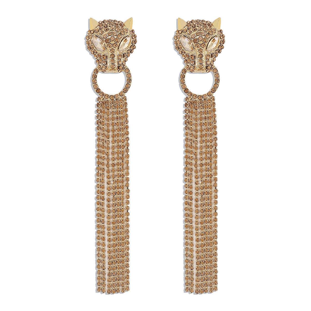 Personalized Leopard Head Earrings With Tassel Rhinestones Trendy Fashion Jewelry Luxury Long Earrings For Women - Here2Save