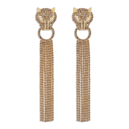 Personalized Leopard Head Earrings With Tassel Rhinestones Trendy Fashion Jewelry Luxury Long Earrings For Women - Here2Save