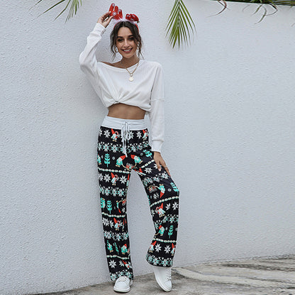 Christmas Print Pants Women Fashion Casual Drawstring Trousers With Christmas Snowflake Tree Elk Print