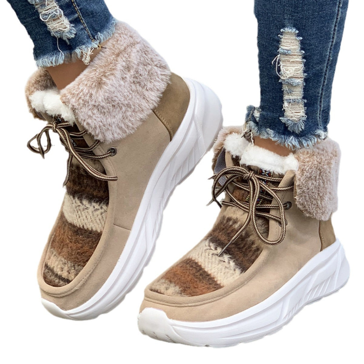 Botas de nieve con cordones para mujer, zapatos con forro térmico y plataforma de suela suave de color Mied difuso, botas de felpa antideslizantes de invierno