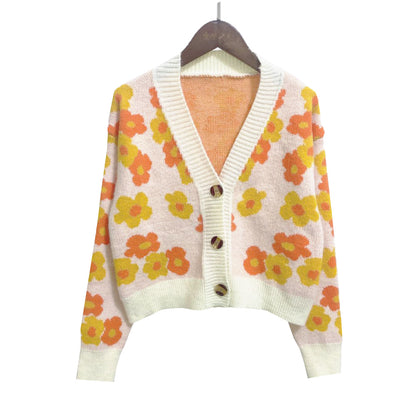 Women's Short Floral V-neck Long-sleeved Sweater