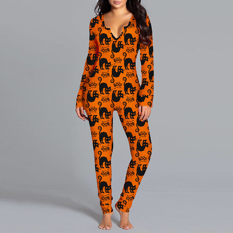 Mono estampado de Halloween, pijamas de manga larga para el hogar, pantalones casuales, ropa Cos para mujer