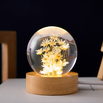 Luminous 3D Dandelion Crystal Ball Beech Wood Stand Base Preserved Flower Sphere Ball Desktop Ornaments Bithday Christmas Gifts - Here2Save