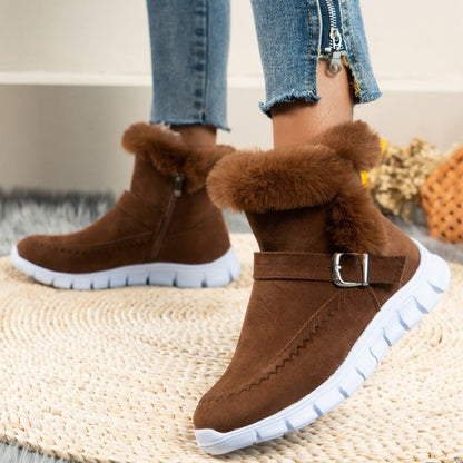 Nuevas botas de nieve, botines de felpa de Color sólido gruesos y cálidos para invierno con diseño de hebilla, además de zapatos planos de terciopelo para mujer