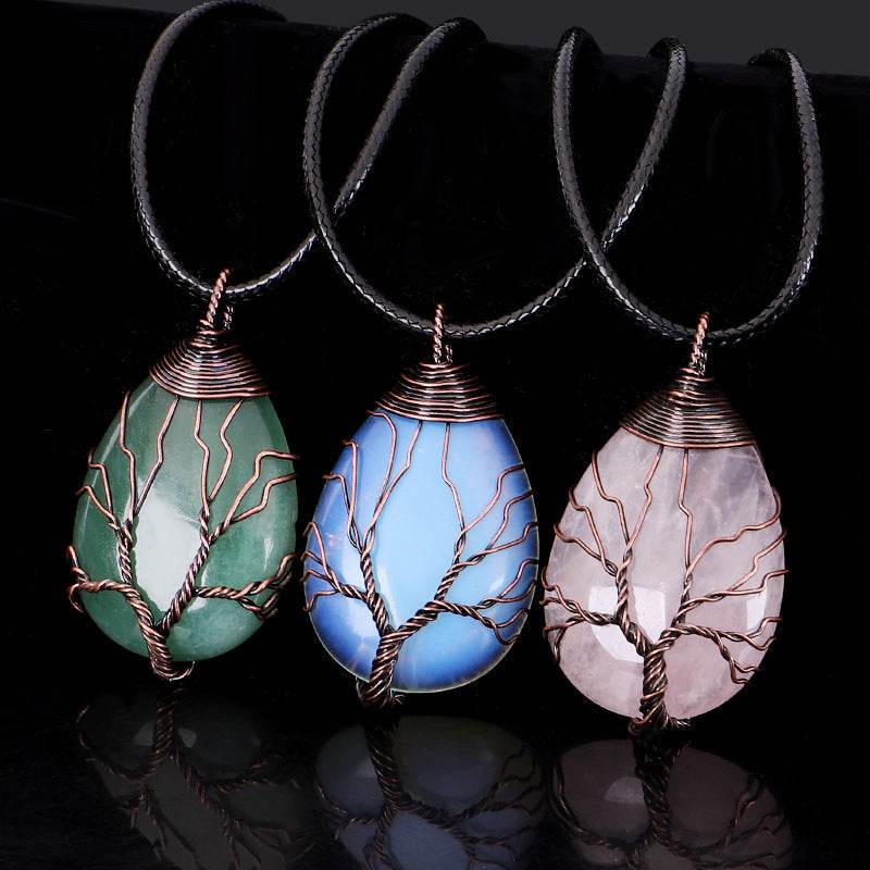 Natural Stone Crystal Drop-shaped Winding Tree Of Life Pendant Necklace Jewelry - Here2Save