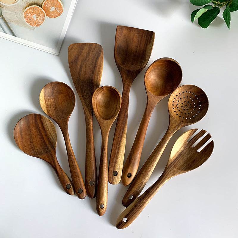 Thailand Teak Natural Wood Tableware Spoon Ladle Turner Long Rice Colander Soup Skimmer Cooking Spoons Scoop Kitchen Tool Set - Here2Save