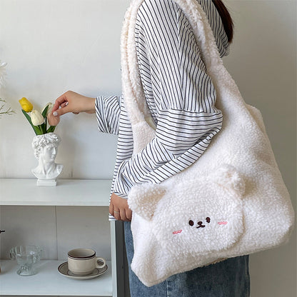 Bolso personalizado para mujer, bolso de hombro de lana de cordero con oso de dibujos animados en 3D, bolsas de compras diarias de alta capacidad para invierno, bolsos de estilo universitario para niñas