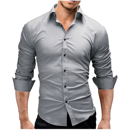 Camisa formal simple de color sólido de manga larga ajustada para hombre