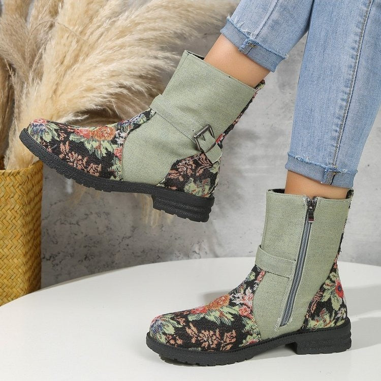 Botines con estampado de flores para mujer, botas de vaquero de tacón grueso con hebilla de cinturón Retro y cremallera lateral, zapatos de punta redonda para otoño e invierno