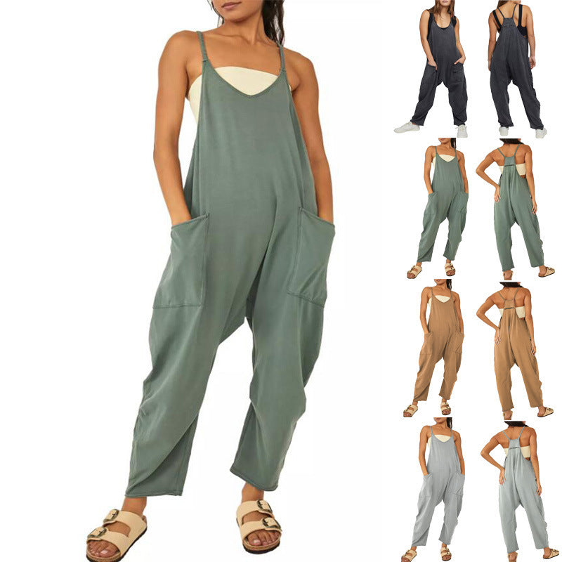 Summer Women's Loose Sleeveless Jumpsuits Spaghetti Strap Long Pant Romper Jumpsuit With Pockets Zipper - Here2Save