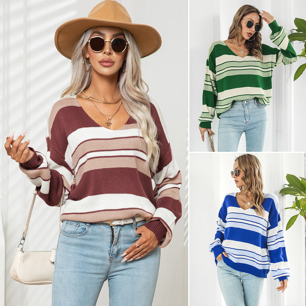 Women's Fashionable Loose Striped V-neck Long-sleeved Sweater