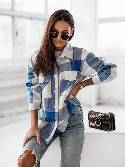 Women's Fashionable Color Plaid Shirt Brushed Woolen Coat