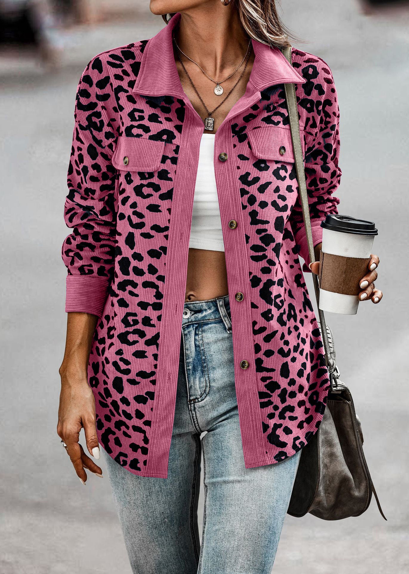 Abrigo camisero con estampado de leopardo Chaqueta de manga larga con botones a la moda para mujer