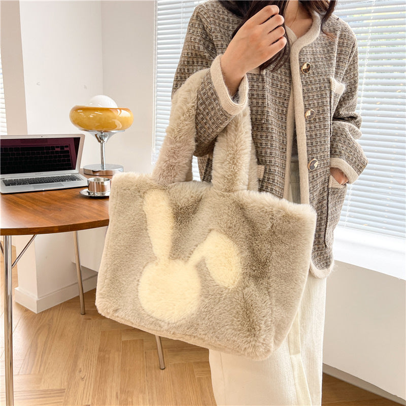 Cute Cartoon Rabbit Ears Plush Bag Autumn And Winter Shoulder Bag Shopping Handbags Large Capacity Personalized Tote Bags For Women