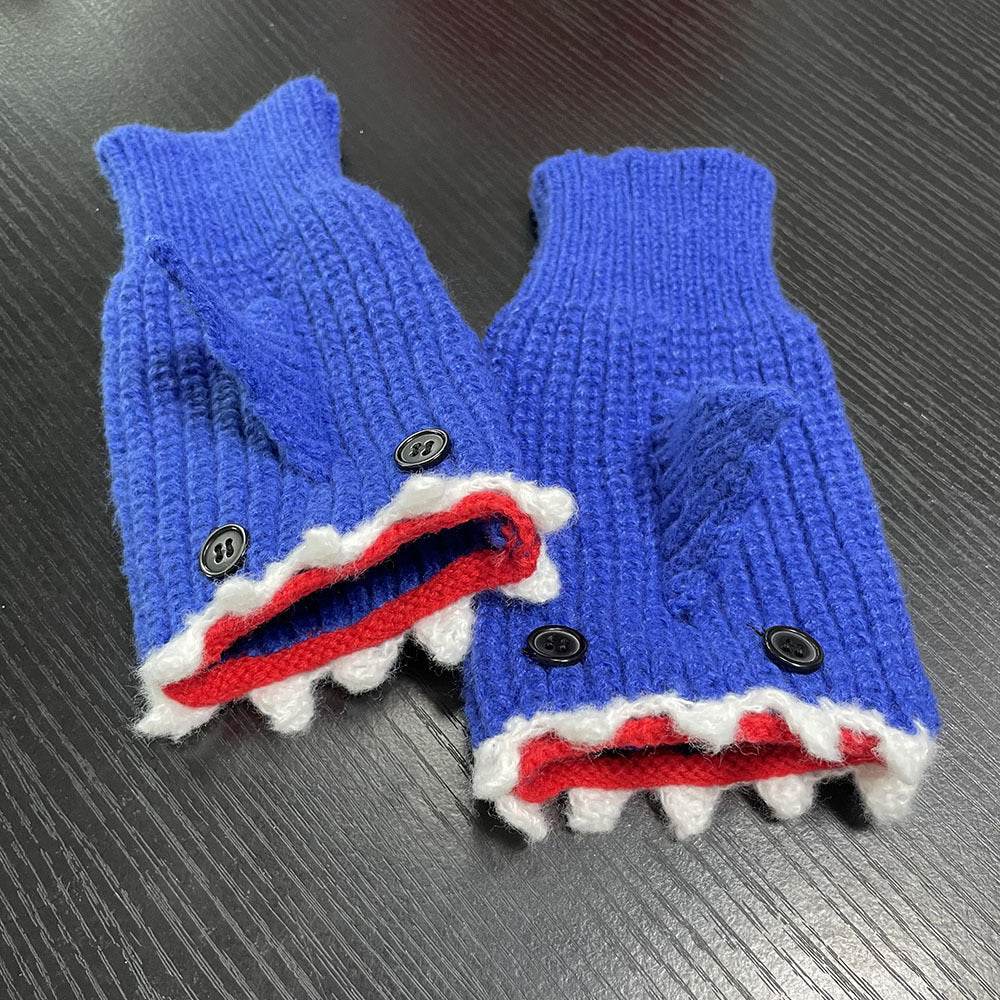 New Cartoon Grey Shark Warm Half Finger Knitted Gloves - Here2Save