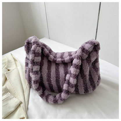 Bolso de felpa a rayas de gran capacidad para mujer, bolsos de hombro portátiles a la moda, bolsos peludos de compras para invierno