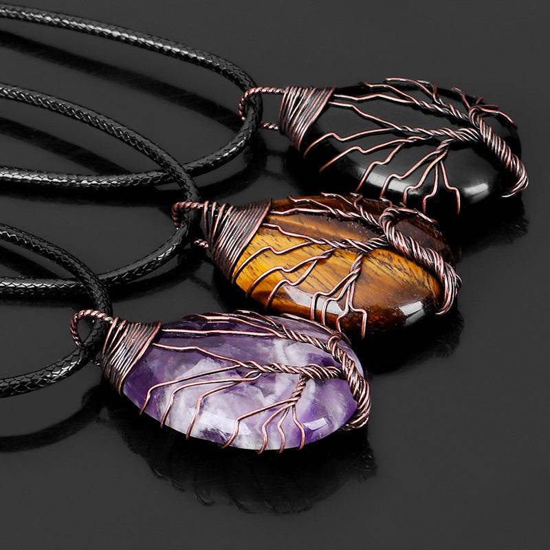 Natural Stone Crystal Drop-shaped Winding Tree Of Life Pendant Necklace Jewelry - Here2Save