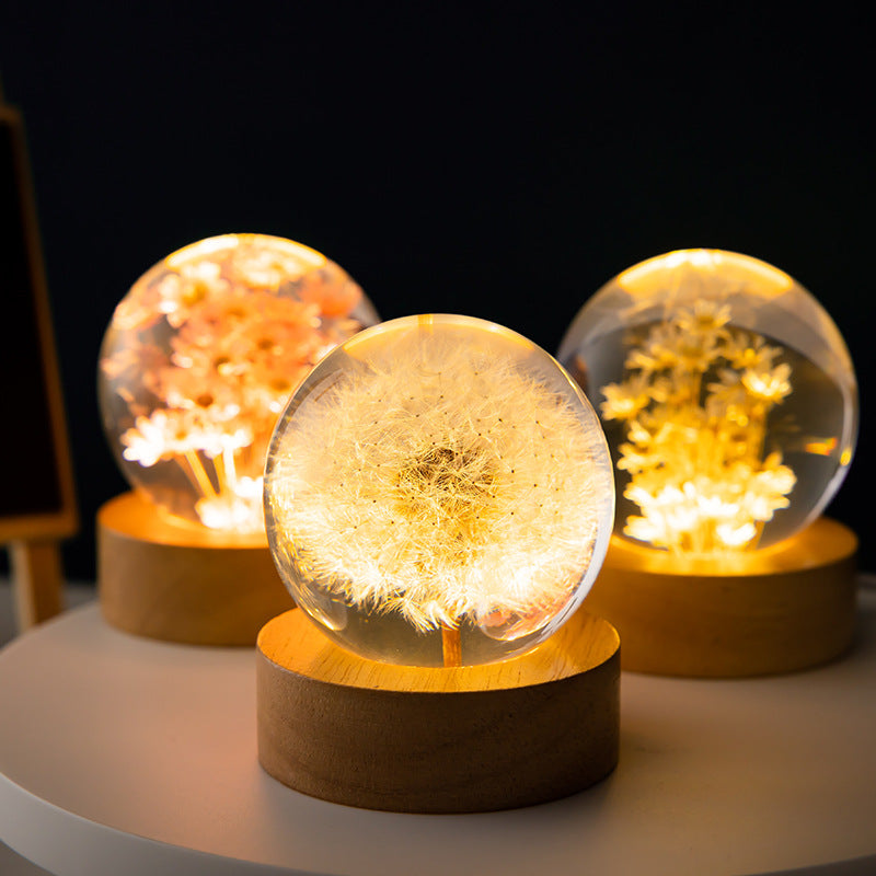 Luminous 3D Dandelion Crystal Ball Beech Wood Stand Base Preserved Flower Sphere Ball Desktop Ornaments Bithday Christmas Gifts - Here2Save