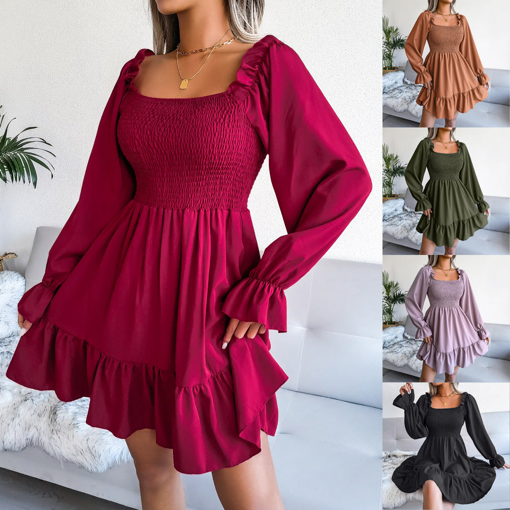 Vestidos acampanados de manga larga Vestido con vuelo y volantes con cuello cuadrado para mujer