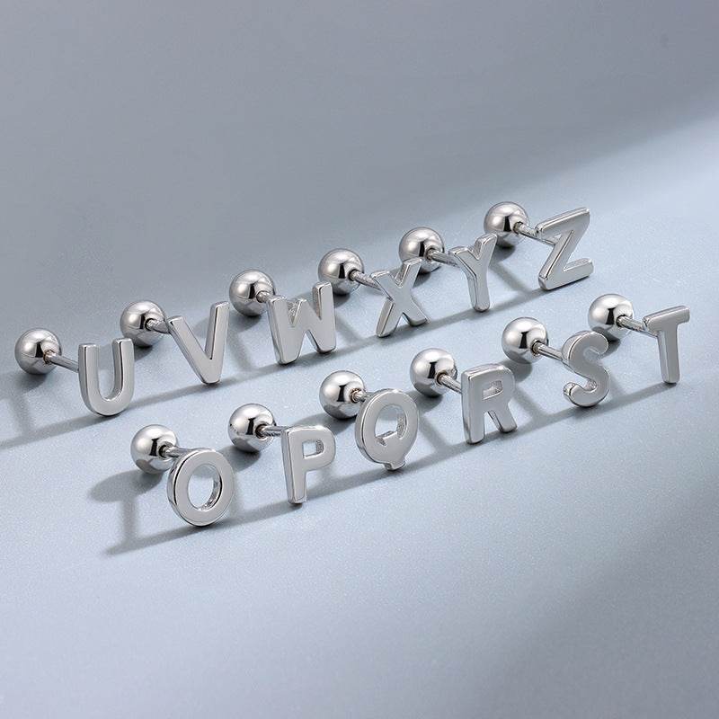 S925 Sterling Silver Glossy 26 Letters Screw Pin Ear Studs - Here2Save