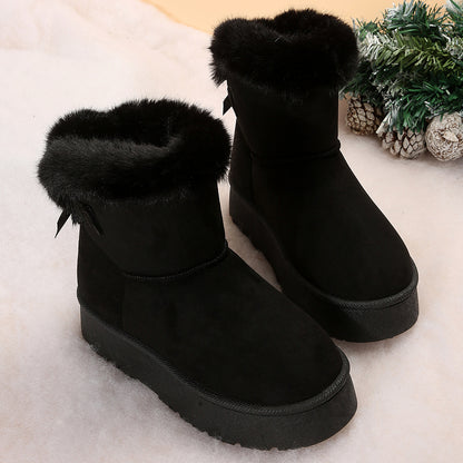 Nuevas botas de nieve con lazo, botines de mujer de suela gruesa abrigados de terciopelo para invierno, zapatos sencillos de algodón para ocio diario