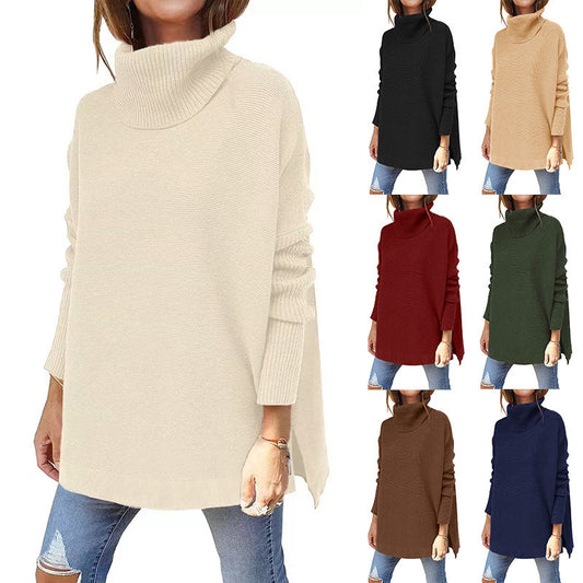 Suéter de cuello alto de longitud media manga de murciélago dobladillo con abertura túnica suéteres Tops de invierno ropa de mujer