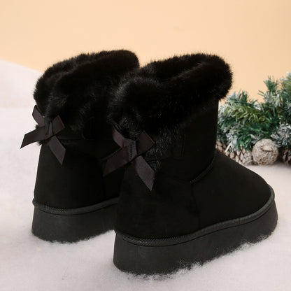 Nuevas botas de nieve con lazo, botines de mujer de suela gruesa abrigados de terciopelo para invierno, zapatos sencillos de algodón para ocio diario