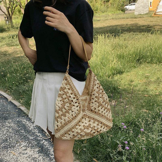 Women's Fashion Handmade Straw Woven Hollow Contrast Color Weave Shoulder Bag - Here2Save