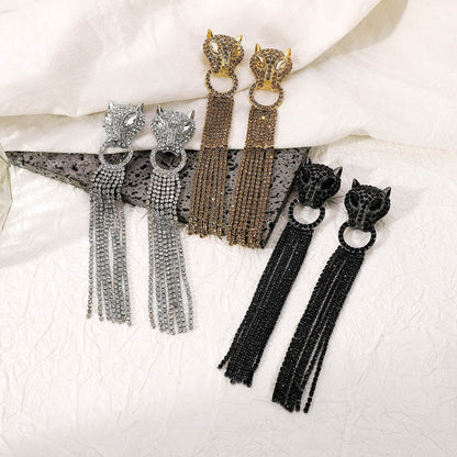 Personalized Leopard Head Earrings With Tassel Rhinestones Trendy Fashion Jewelry Luxury Long Earrings For Women - Here2Save