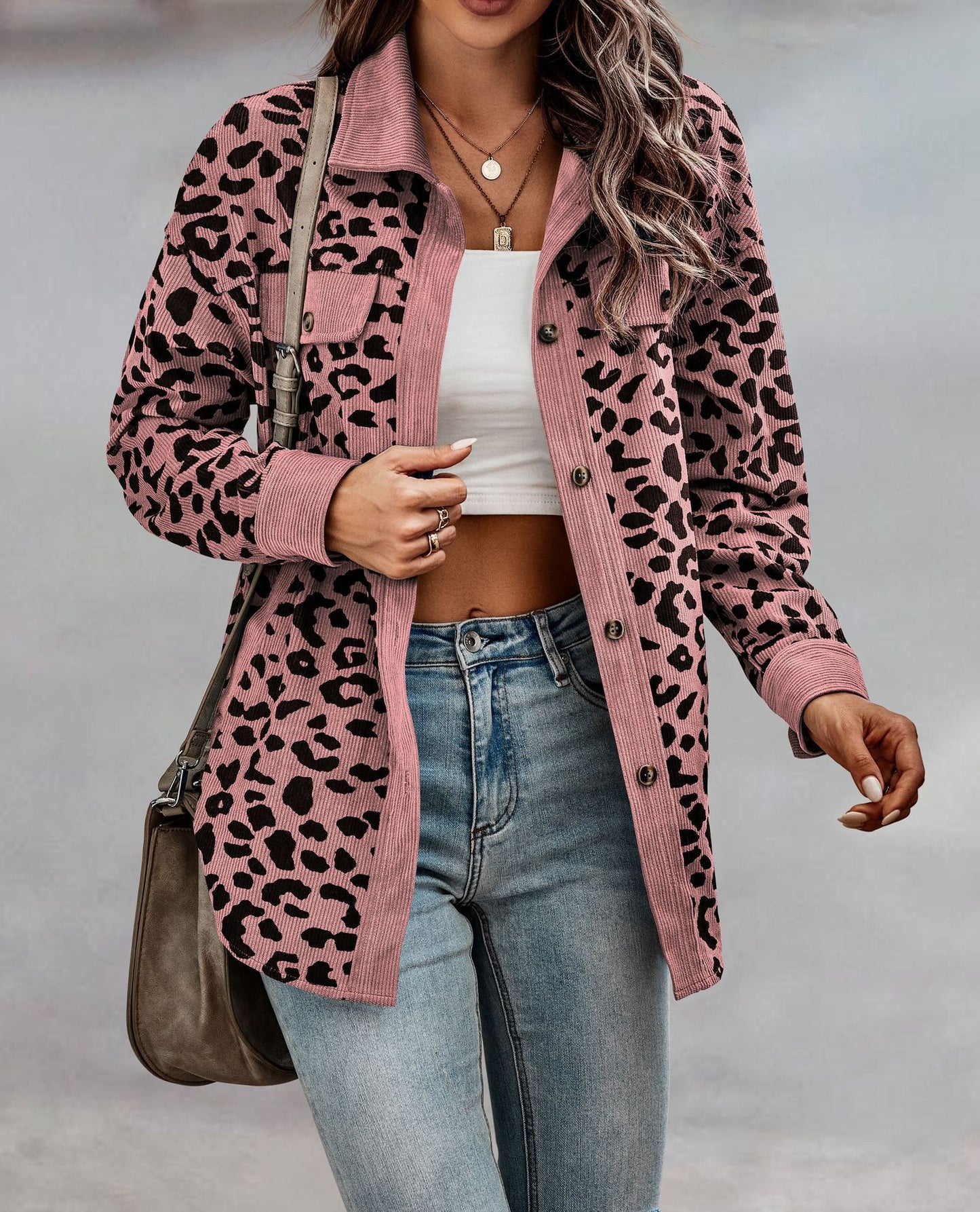 Abrigo camisero con estampado de leopardo Chaqueta de manga larga con botones a la moda para mujer