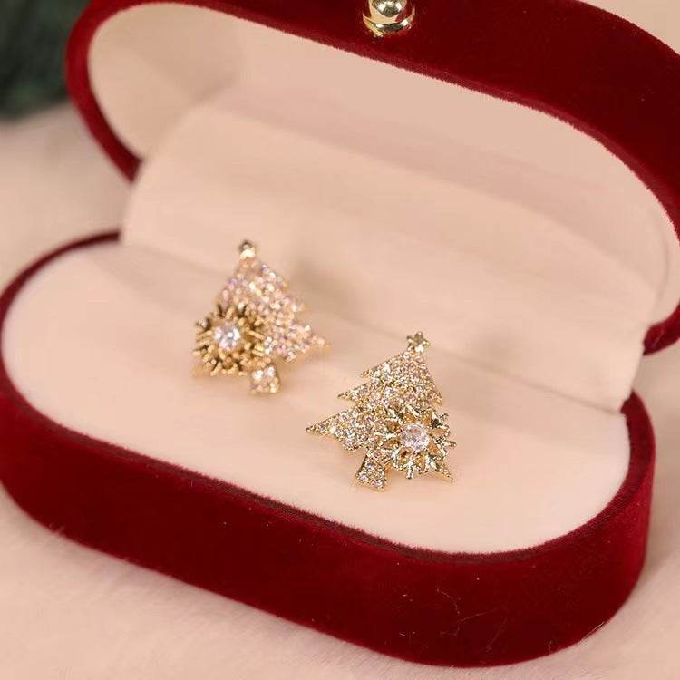 Rotatable Christmas Tree Earrings Shiny Rhinestone Snowflake Stud Earring New Year Xmas Festival Ear Jewelry Gifts Autumn And Winter - Here2Save