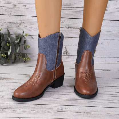 Nuevas botas de vaquero del oeste de retales de mezclilla para mujer, botas Retro Chelsea de otoño e invierno, zapatos de tacón cuadrado a media pantorrilla con punta puntiaguda