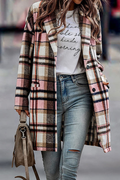 Chaqueta larga a cuadros con bolsillos para mujer, abrigo de lana con cuello vuelto, ropa para exteriores, otoño e invierno, nuevo estilo